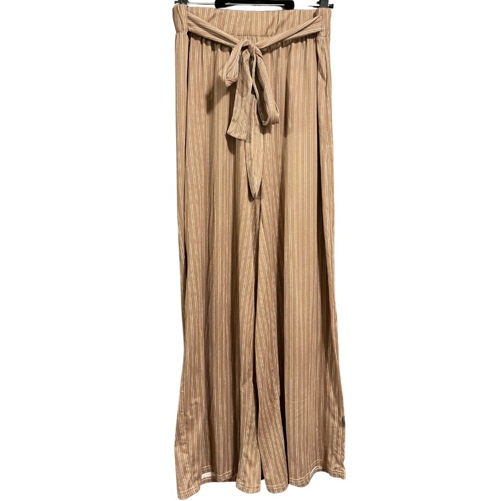 Pinstripe Wide Leg High Tie Belt Waisted Tan Brown Palazzo Trousers Pants – M